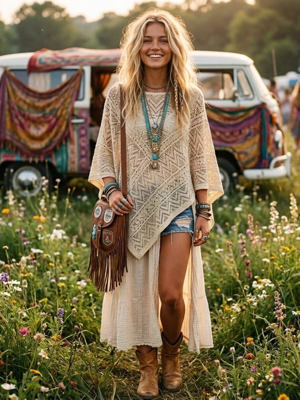 One Size cream crochet poncho boho festival open knit lightweight minimalist